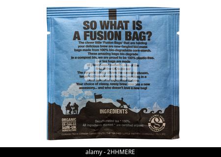 information on back of Cornish Tea Breakfast Decaf teabag tea bag - 100% plastic free & biodegradable organic fusion made in Cornwall UK Stock Photo