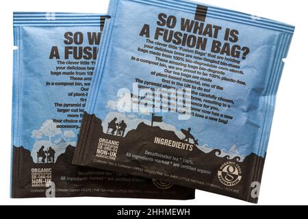 information on back of Cornish Tea Breakfast Decaf teabags tea bags - 100% plastic free & biodegradable organic fusion made in Cornwall UK Stock Photo