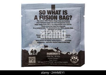 information on back of Cornish Tea Earl Grey teabag tea bag - 100% plastic free & biodegradable organic fusion made in Cornwall UK Stock Photo