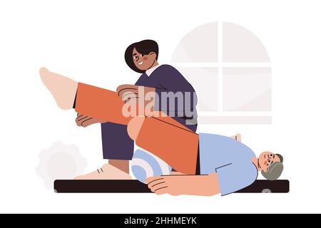 Flat doctor physiotherapy and patient after limb amputation do exercise on therapeutic ball. Physical therapy specialist help to recovery leg after surgery. Rehab in medical rehabilitation hospital. Stock Vector