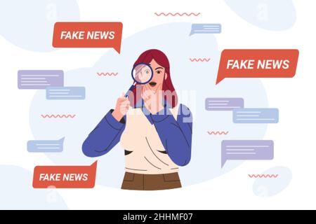 Flat amazed woman with magnifying glass research on fake news spreads in social media. Woman shocked from article in online press with disinformation, falsehood and lies. Spread of false information. Stock Vector