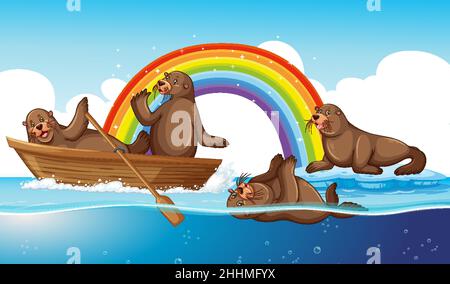 Sea lions animal cartoon in the water with rainbow illustration Stock Vector