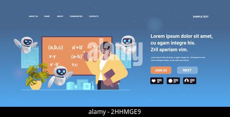 teacher with robots solving math problem on digital chalkboard during lesson education artificial intelligence Stock Vector