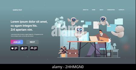 overworked businessman with robots using laptop at workplace busy business man working in office paperwork deadline Stock Vector