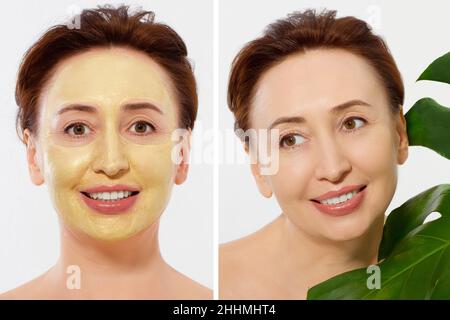 Middle age closeup woman face before after beauty mask treatment. Before-after wrinkled skin. Summer anti aging collagen mask on woman wrinkle face is Stock Photo