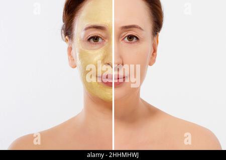 Middle age closeup woman face before after beauty mask treatment. Before-after wrinkled skin. Summer anti aging collagen mask on woman wrinkle face is Stock Photo