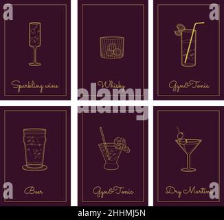 Vector set of alcohol drinks line art illustration Stock Vector