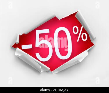 White color hole ripped paper against 50 percent discount message in red color Stock Photo