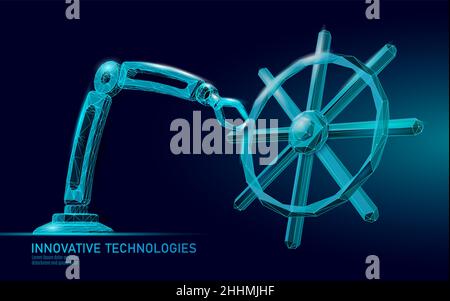 Wheel helm computer developer app concept. Business digital open source program. Data coding steering 3D low polygonal vector line illustration Stock Vector