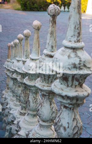 Stair railing made of stone in the Baroque style in the garden of Ravadinovo castle, Bulgaria. Stock Photo
