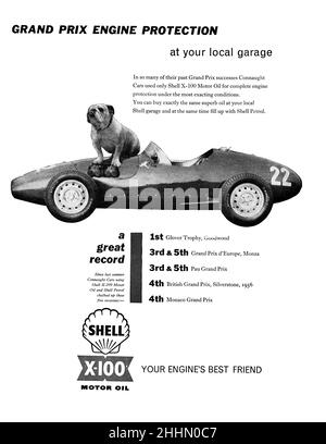 A vintage advert for Shell Motor Oil and lubricants from Motor Sport Magazine, 1957 Stock Photo