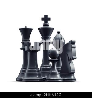 Chess set group - 3D illustration of king, queen, rook, pawn, bishop and knight pieces isolated on white studio background Stock Photo