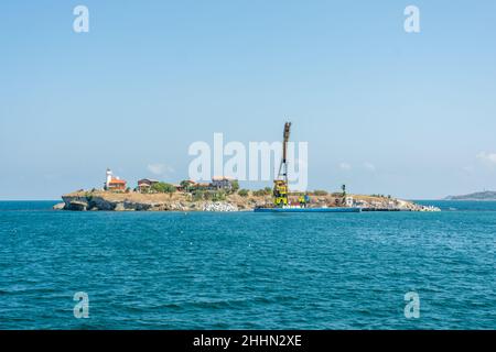 Panorama of the island of St. Anastasia in the Burgas Bay, Bulgaria. Stock Photo