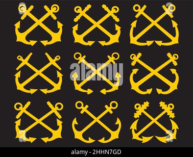 Crossed anchor black white silhouette set Stock Vector