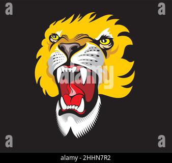 Gold roaring lion. Angry animal grinning face. Print on dark background Stock Vector