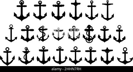 Anchor black white silhouette set Stock Vector