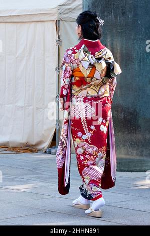 Chiyoda City, Tokyo, Japan - January 02, 2020: Coming of age day in Yasukuni Shrine. Teenager wearing kimono. Stock Photo