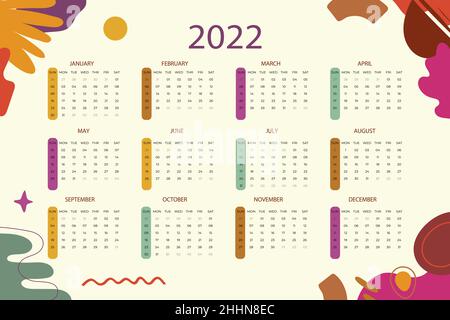 Flat 2022 calendar template Vector illustration. Stock Vector