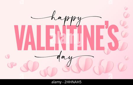 Happy Valentines Day elegant lettering with origami hearts. Vector typography and paper symbols of love in shape of heart for greeting card design Stock Vector