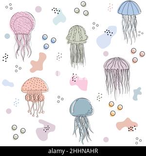 Pattern of seashells of different colors on a white background, vector illustration. Stock Vector