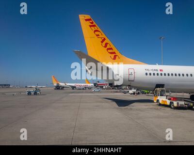 Sabiha Gokcen Airport, Istanbul, Turkey - January 15, 2022: Plane tail with Pegasus Airlines logo at exterior of SAW International Airport. Passenger Stock Photo