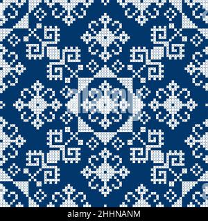 Bosnia and Herzegovian's traditional retro vector folk art seamless pattern - Zmijanje cross-stitch design style in white on navy blue Stock Vector
