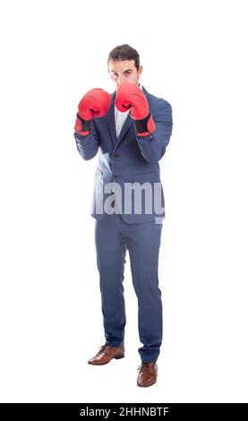 Full length businessman stands in fighting stance with boxing gloves. Determined business person prepared for battle isolated on white background. Emp Stock Photo