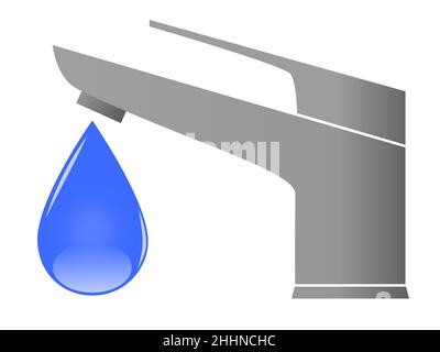 Illustration of modern silver faucets with leaking blue water drops Stock Photo