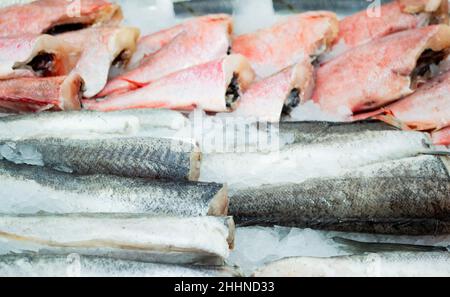 Chilled bass and cod carcasses on ice, sold at the fish market. Stock Photo