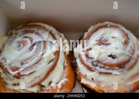 Two classic rolls with cinnamon and cheese cream on top in an open box on a black, dark gray background. Stock Photo