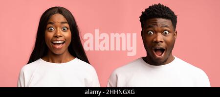Closeup portraits of shocked african american man and woman Stock Photo