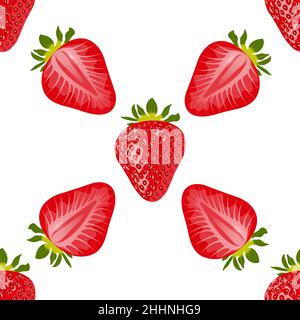 Berries and slices of sweet ripe strawberries seamless pattern. Red delicious strawberries on white background. Vector seamless background. Stock Vector