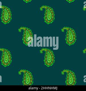 Seamless pattern with green seamless paisley pattern on green background. Seamless vector texture. Vector paisley drawing. Background, wrapping paper Stock Vector