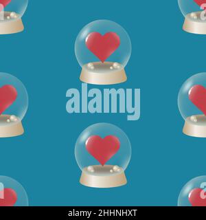 Glass balls with heart inside seamless pattern. Glass sphere with a red heart inside on a blue background. Seamless pattern for fabric, wallpaper or Stock Vector