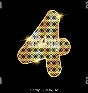 Golden alphabet with highlights on a dark background. Number 4. Stock Vector
