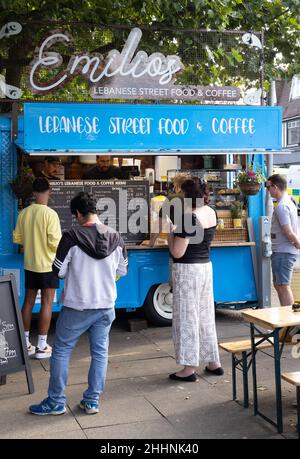 Lebanese food UK; a Lebanese food stall selling street food in summer, Harpenden, Hertfordshire England UK Stock Photo