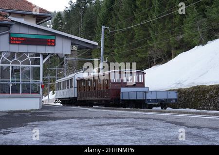 Railway station for cogwheel train in Rigi Kaltbad surrounded by forest. Stock Photo