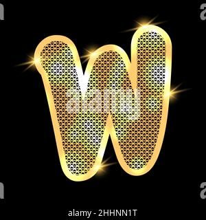 Golden alphabet with highlights on a dark background. Letter W. Stock Vector