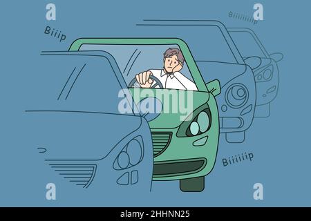 Traffic jam and road situation concept. Confused sad young man driver sitting in car in traffic jam waiting for movement feeling tired to stay in one place vector illustration  Stock Vector