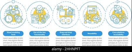 Low code platforms features blue circle infographic template Stock Vector