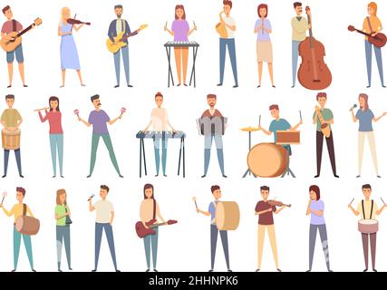 Street musicians icons set cartoon vector. Music people. Jazz band Stock Vector