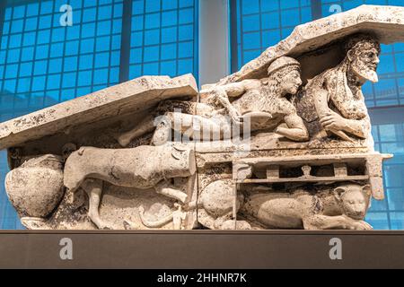 The stone pediment from the temple of the Goddess Artemis in the Archeological Museum of Corfu Kerkyra, Greece, Ionian Islands Stock Photo