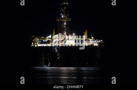 Drilling rig at night. Oil rig.  Gas platform Stock Photo
