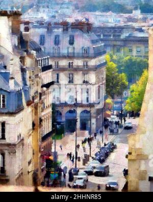 Beautiful places in Paris. Colourful views of Paris. Famous outdoor touristic scenes Paris. Large size painting. Hand drawn artwork with oil brush str Stock Photo