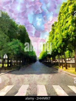 Beautiful places in Paris. Colourful views of Paris. Famous outdoor touristic scenes Paris. Large size painting. Hand drawn artwork with oil brush str Stock Photo