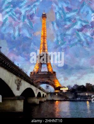 Beautiful places in Paris. Colourful views of Paris. Famous outdoor touristic scenes Paris. Large size painting. Hand drawn artwork with oil brush str Stock Photo