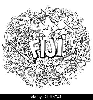 Fiji hand drawn cartoon doodles illustration. Funny travel design. Creative art vector background. Handwritten text with exotic island elements and ob Stock Vector