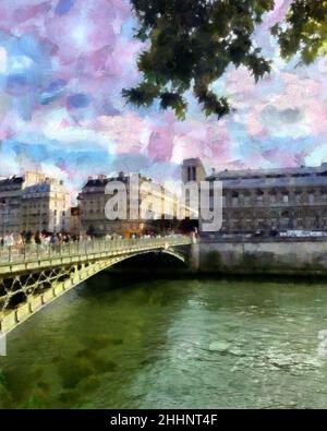 Beautiful places in Paris. Colourful views of Paris. Famous outdoor touristic scenes Paris. Large size painting. Hand drawn artwork with oil brush str Stock Photo