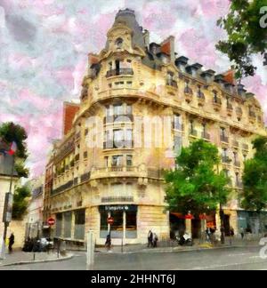 Beautiful places in Paris. Colourful views of Paris. Famous outdoor touristic scenes Paris. Large size painting. Hand drawn artwork with oil brush str Stock Photo