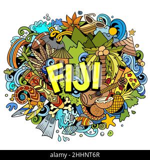 Fiji hand drawn cartoon doodles illustration. Funny travel design. Creative art vector background. Handwritten text with exotic island elements and ob Stock Vector